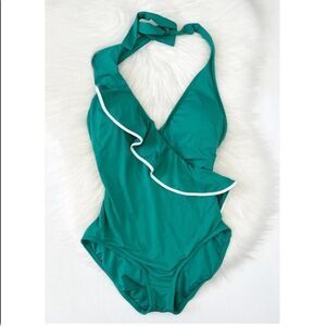 NEW CARMEN MARC VALVO Surplice Ruffle One-Piece Swimsuit Jade Green SZ 8